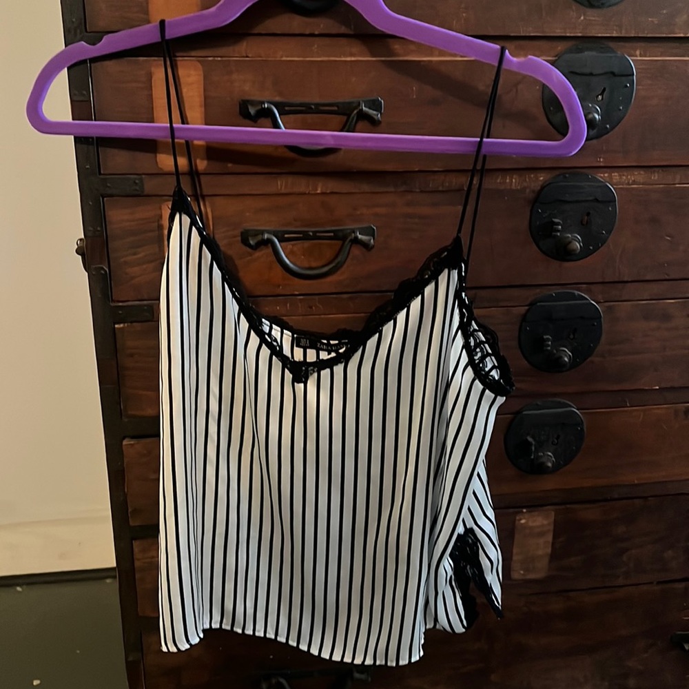 Black and white striped Zara top with lace trim